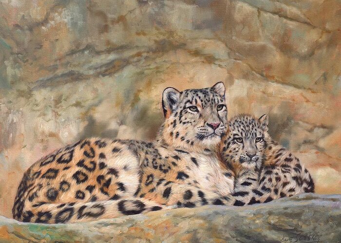 Snow.leopard Greeting Card featuring the painting Snow Leopards by David Stribbling