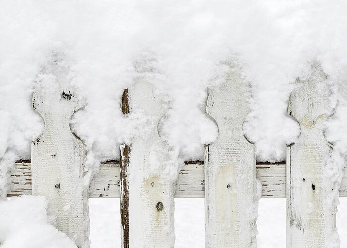 Snow Greeting Card featuring the photograph Snow on a white picket fence by Marianne Campolongo