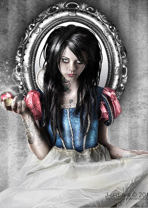 Dark Digital Art Snow White Twisted Fairy Tale Apple Greeting Card featuring the digital art Snow White by Judas Art