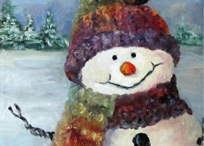 Snowman Greeting Card featuring the painting Snowman I - Christmas Series I by Cheri Wollenberg