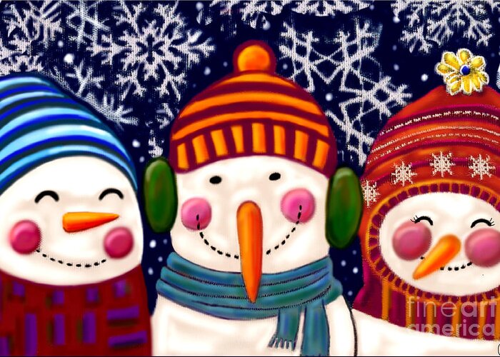 Snow Greeting Card featuring the painting Snowman Trio by Cynthia Snyder