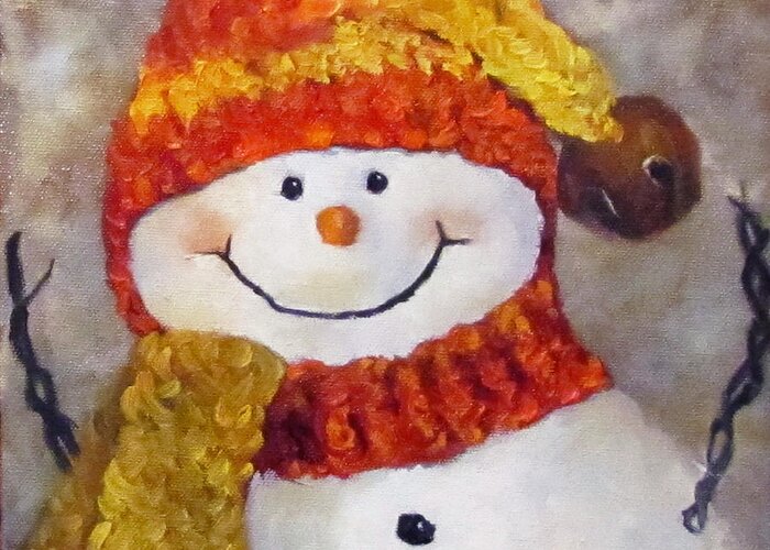 Snowman Greeting Card featuring the painting Snowman V - Christmas Series by Cheri Wollenberg