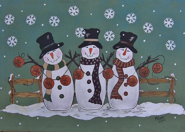 Snowmen Greeting Card featuring the painting Snowmen Jingle by Cindy Micklos
