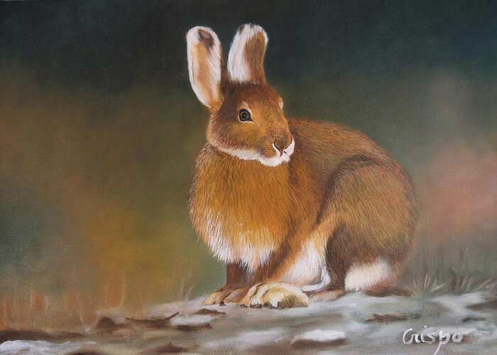 Hare Greeting Card featuring the painting Snowshoe by Jean Yves Crispo