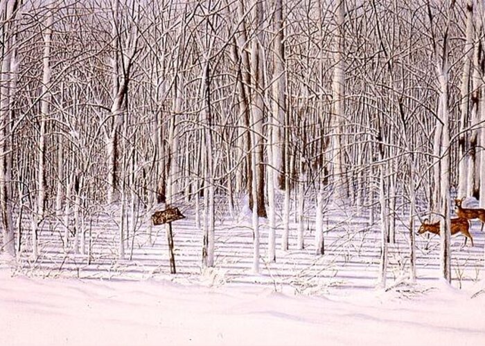 Wildlife Greeting Card featuring the painting Snowstorm Survivours by Conrad Mieschke