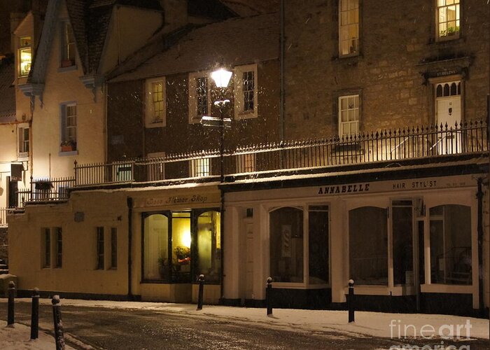 South Queensferry Main Street Greeting Card featuring the photograph Snowy night by Elena Perelman