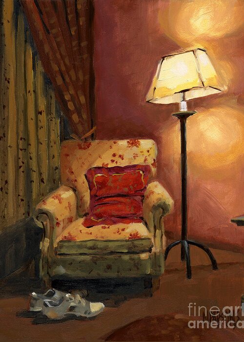 Comfy Stuffed Chair Greeting Card featuring the painting SOLD - And Sit Right Down by Nancy Parsons