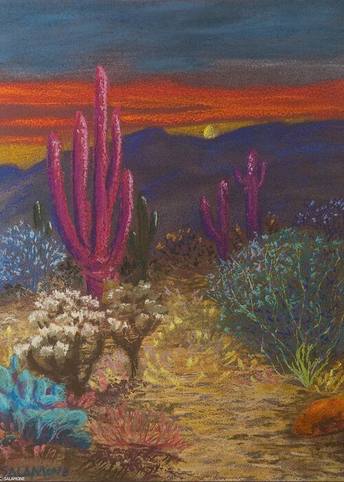 Saguaro Cactus Tucson Arizona Desert Catalina Mountains Landscape Sonora Nature Greeting Card featuring the pastel Sonoran Sentinels by Brenda Salamone