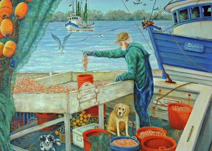 Shrimp Greeting Card featuring the painting Sorting Shrimp at Frogmore by Dwain Ray