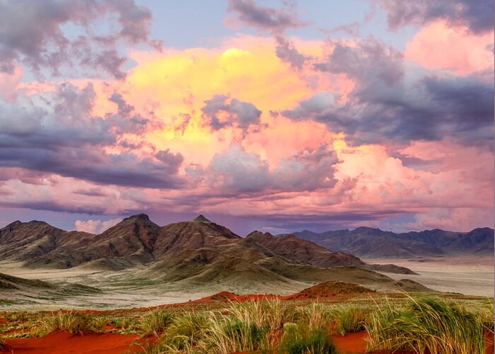 110325 Sossusvlei Vacation Greeting Card featuring the photograph Sossulvei Sunset in Namibia by Gregory Daley MPSA