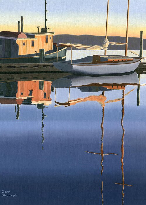 Boat Greeting Card featuring the painting South harbour reflections by Gary Giacomelli