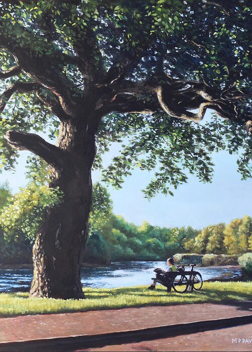 Southampton Greeting Card featuring the painting Southampton Riverside park oak tree with cyclist by Martin Davey