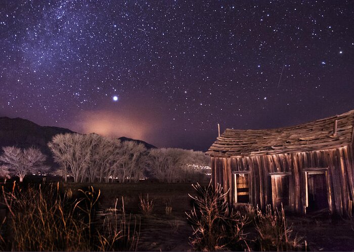 Night Stars Sky milky Way Architecture Building History Light California eastern Sierra sierra Nevada Scenic Landscape Nature Greeting Card featuring the photograph Space and Time by Cat Connor