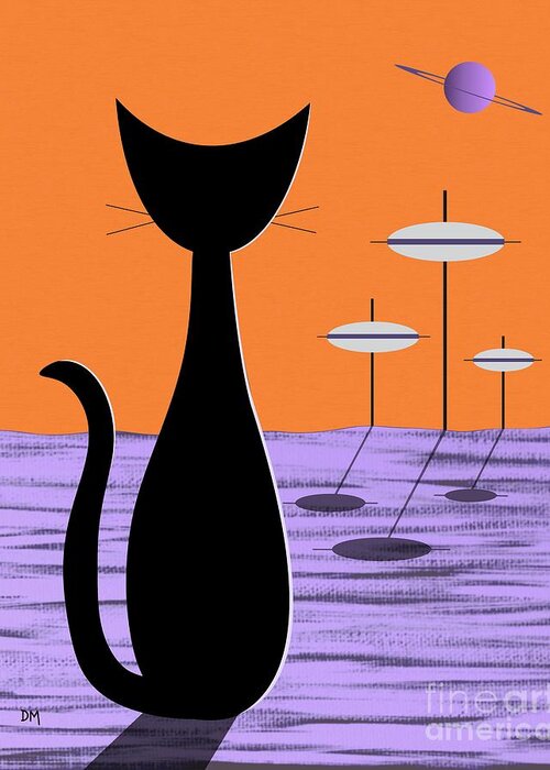 Mid Century Modern Greeting Card featuring the digital art Space Cat Orange Sky by Donna Mibus