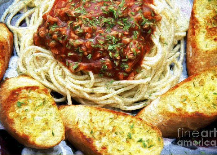 Andee Design Spaghetti Greeting Card featuring the mixed media Spaghetti And Garlic Toast 4 by Andee Design