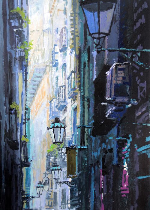 Acrylic On Paper Greeting Card featuring the painting Spain Series 06 Barcelona by Yuriy Shevchuk