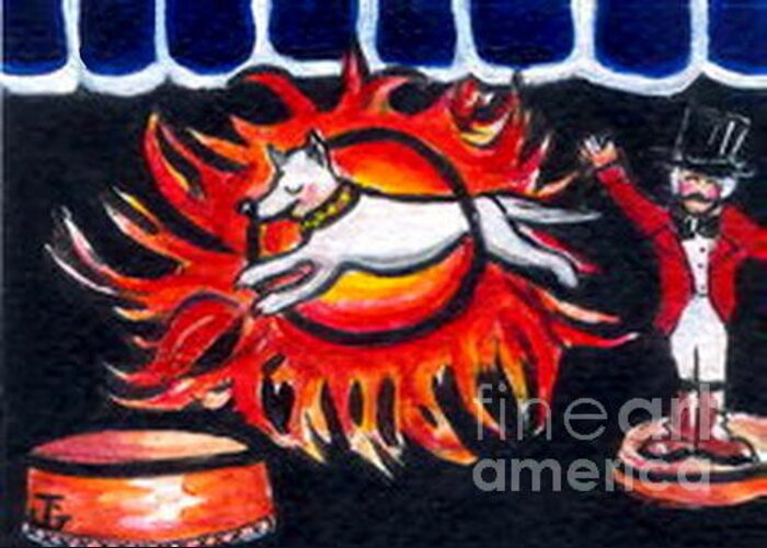 Dog Greeting Card featuring the painting Sparky the Dog Jumps through the fiery hoop by Joyce Gebauer
