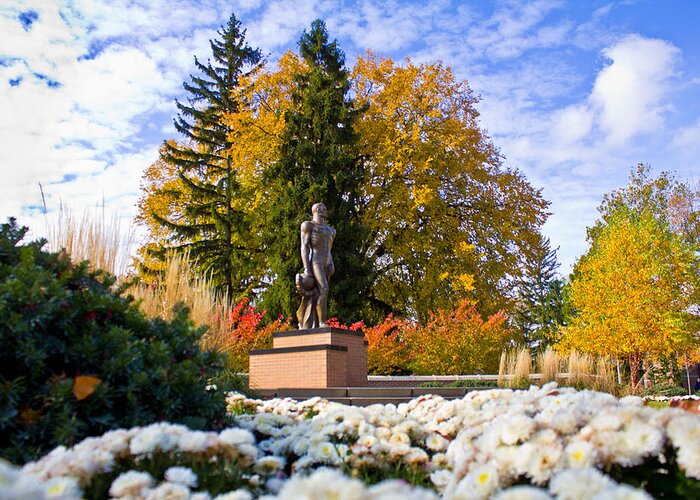 Michigan State University Greeting Card featuring the photograph Sparty in Autumn by John McGraw