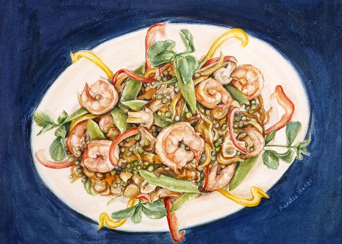 Food Greeting Card featuring the painting Spicy Curried Shrimp by Sandra Haspl