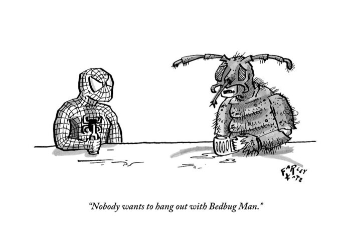 Superheroes Greeting Card featuring the drawing Spiderman And Bedbug Man Are Seen Speaking by Farley Katz