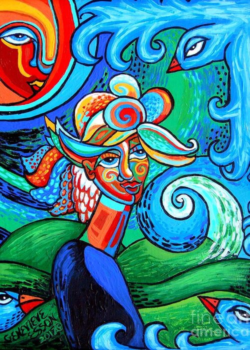 Woman Greeting Card featuring the painting Spiral Bird Lady by Genevieve Esson