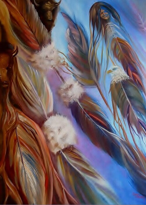 Feathers Greeting Card featuring the painting Spirit Feathers by Sherry Strong