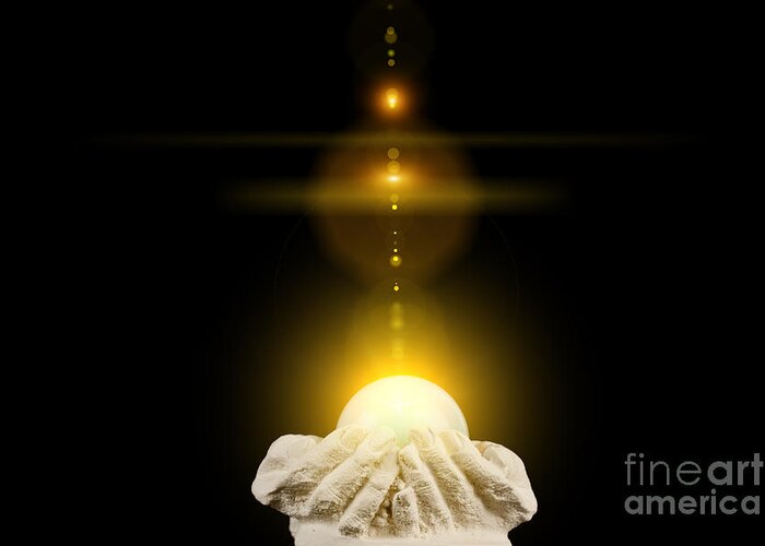 God Greeting Card featuring the photograph Spiritual healing light in cupped hands on black by Simon Bratt