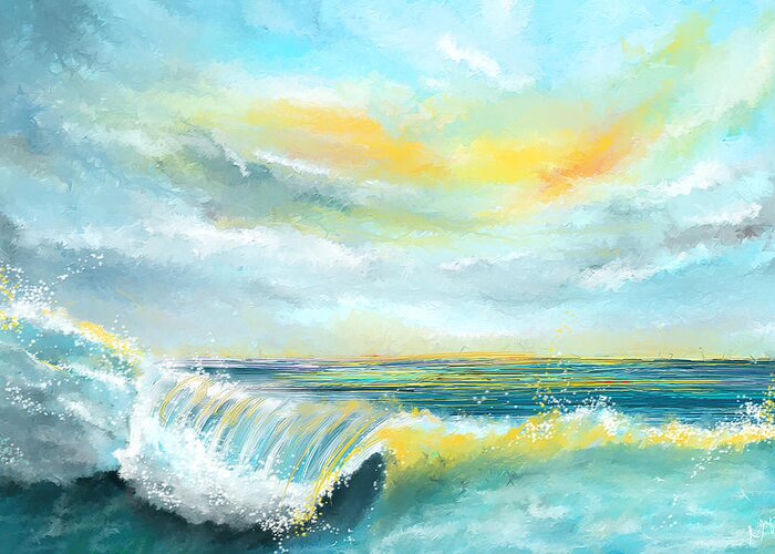 Turquoise Greeting Card featuring the painting Splash Of Sun - Seascapes Sunset Abstract Painting by Lourry Legarde