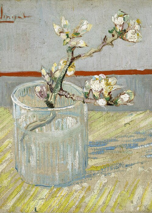 Vincent Van Gogh Greeting Card featuring the painting Sprig of flowering almond in a glass by Vincent van Gogh