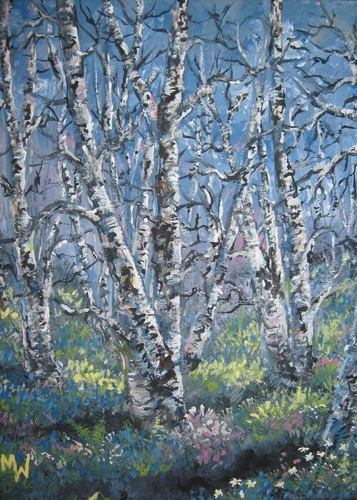 Birch Trees Greeting Card featuring the painting Spring birches by Megan Walsh