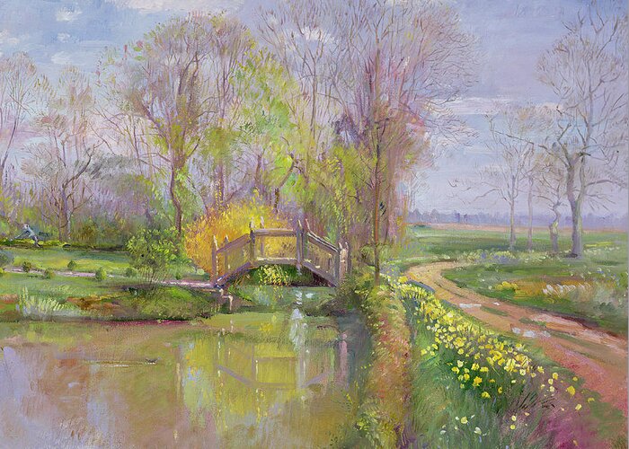 Path; Landscape; River; Countryside; Rural Greeting Card featuring the painting Spring Bridge by Timothy Easton