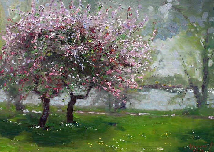 Spring Greeting Card featuring the painting Spring by the River by Ylli Haruni