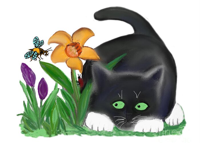 Bee Greeting Card featuring the digital art Spring Flower Garden Entices a Bee and Kitten by Ellen Miffitt