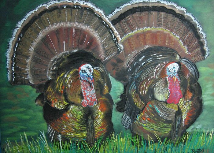 Wild Turkeys Greeting Card featuring the pastel Spring Gobblers by Mike Benton