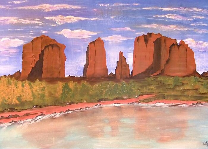 Cathedral Rock Greeting Card featuring the painting Spring Mist at Cathedral Rock Oak Creek Sedona by Cindy Micklos