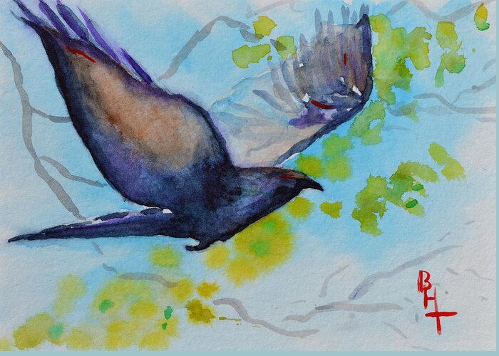 Crow Greeting Card featuring the painting Spring Wings by Beverley Harper Tinsley