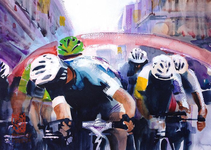 Bike Greeting Card featuring the painting Sprinters Go by Shirley Peters