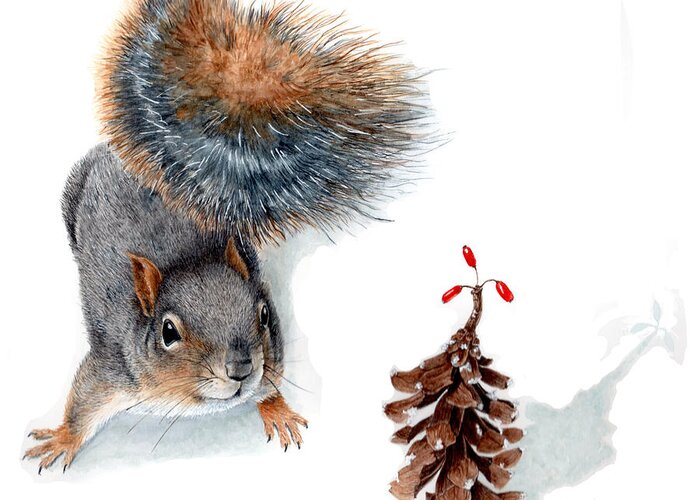 Winter Squirrel Greeting Card featuring the painting Squirrel and Festive Pine Cone by Inger Hutton