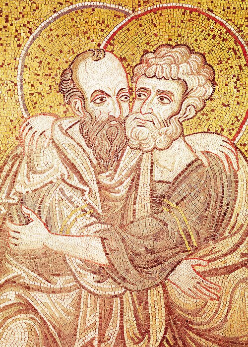 Male Greeting Card featuring the tapestry - textile Saints Peter And Paul Embracing by Byzantine School