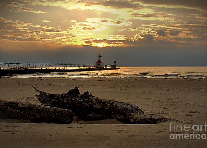Lighthouse Greeting Card featuring the photograph St Joseph Lighthouse with Driftwood by Brett Maniscalco
