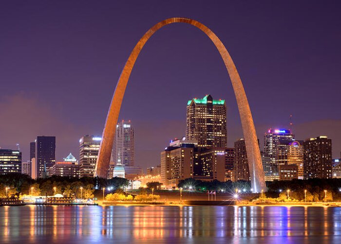 St. Louis Skyline At Night Gateway Arch Color Panorama Missouri Greeting Card for Sale by Jon ...