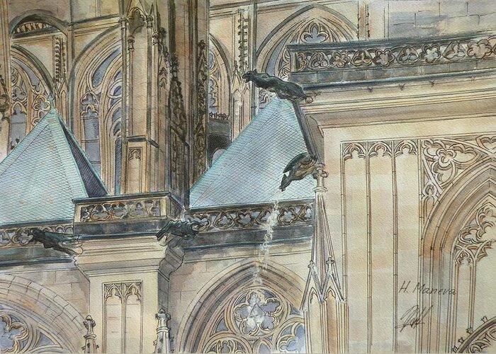 Architecture Greeting Card featuring the painting St. Vitus Cathedral II by Henrieta Maneva