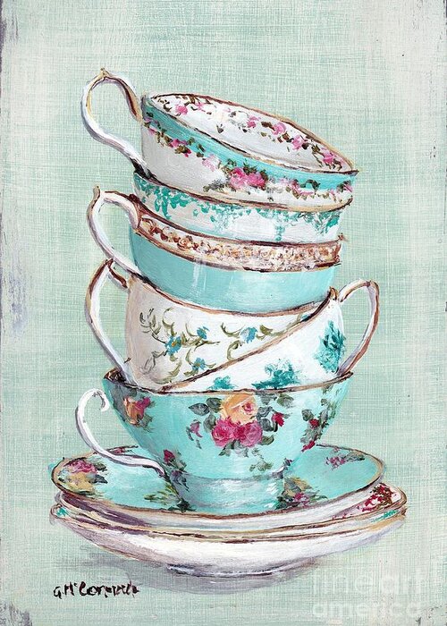 Aqua Themed Tea Cups Greeting Card featuring the painting Stacked Aqua Themed Tea Cups by Gail McCormack