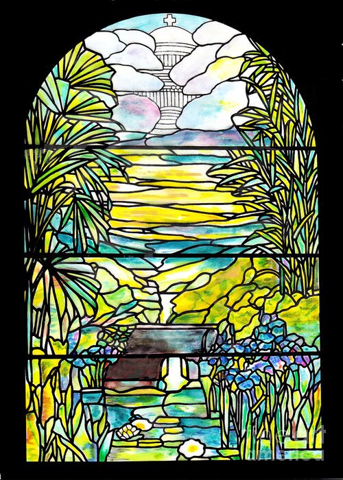 Stained Glass Tiffany Holy City Memorial Window Greeting Card featuring the painting Stained Glass Tiffany Holy City Memorial Window by Donna Walsh