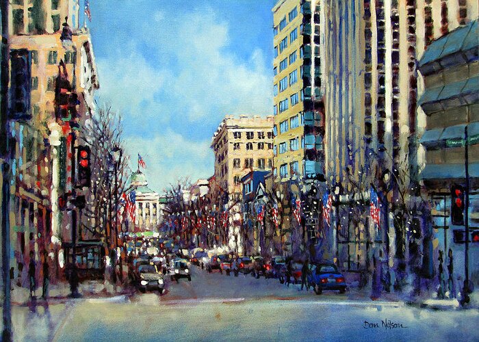 Fayetteville Street Greeting Card featuring the painting Star Spangled Morning by Dan Nelson