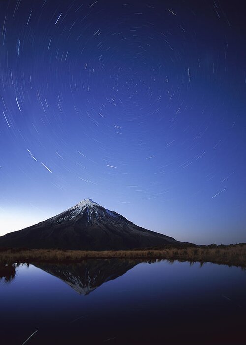 Feb0514 Greeting Card featuring the photograph Star Trails Over Mt Taranaki New Zealand by Harley Betts