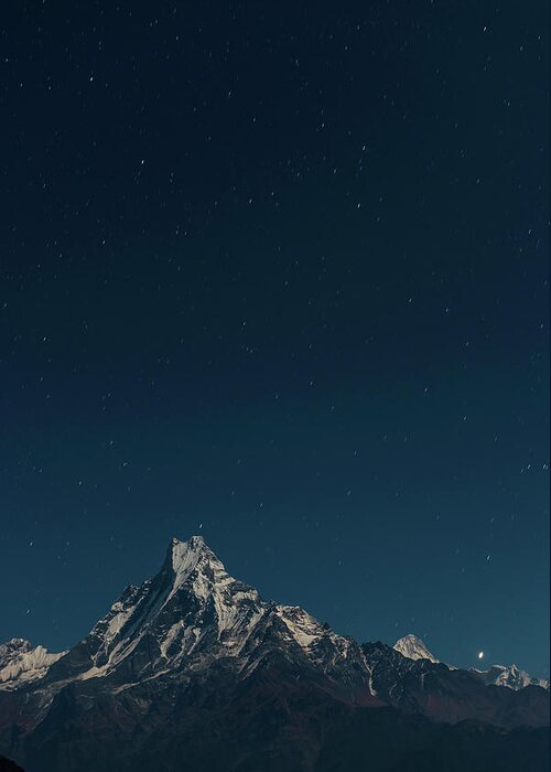 Scenics Greeting Card featuring the photograph Stars Shining Over Machapuchare by Fotovoyager