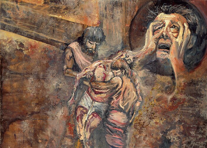 Christian Art Greeting Card featuring the painting Station XIII The Body of Jesus is Taken Down From the Cross by Patricia Trudeau