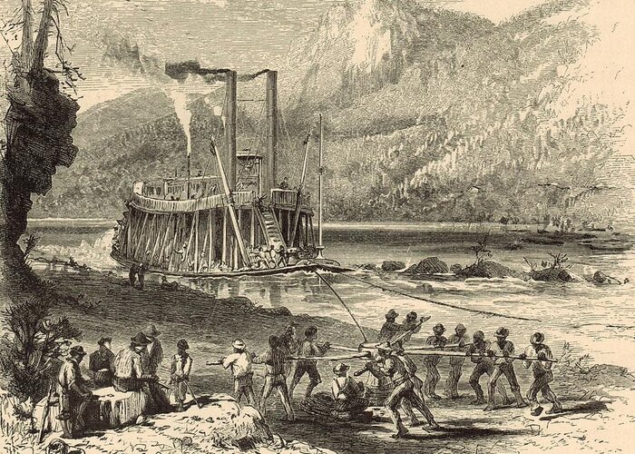 Steamer On The Tennessee Greeting Card featuring the painting Steamer on the Tennessee warped through the Suck - 1872 Engraving by Antique Engravings