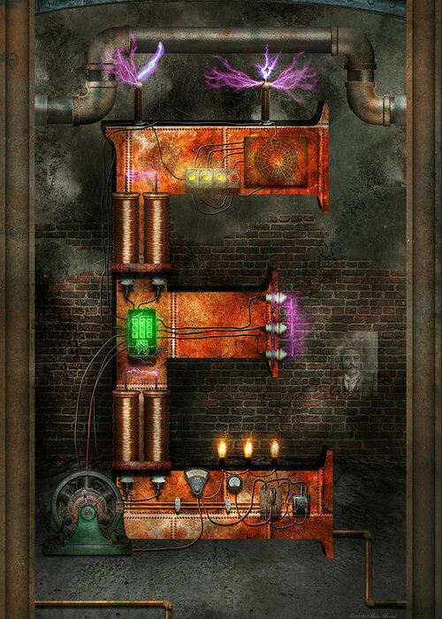 Self Greeting Card featuring the digital art Steampunk - Alphabet - E is for Electricity by Mike Savad